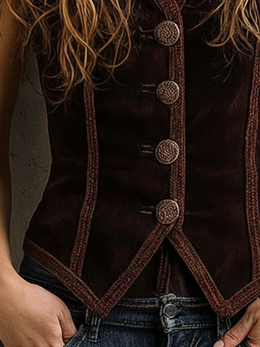 Vintage Faux Suede Vest With Decorative Buttons