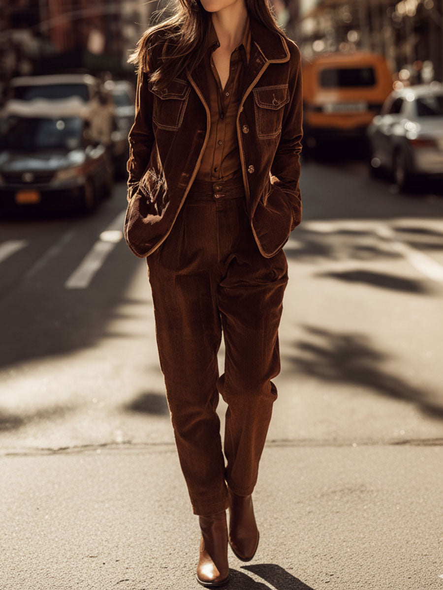 Vintage Brown Corduroy High-Waist Straight-Leg Trousers