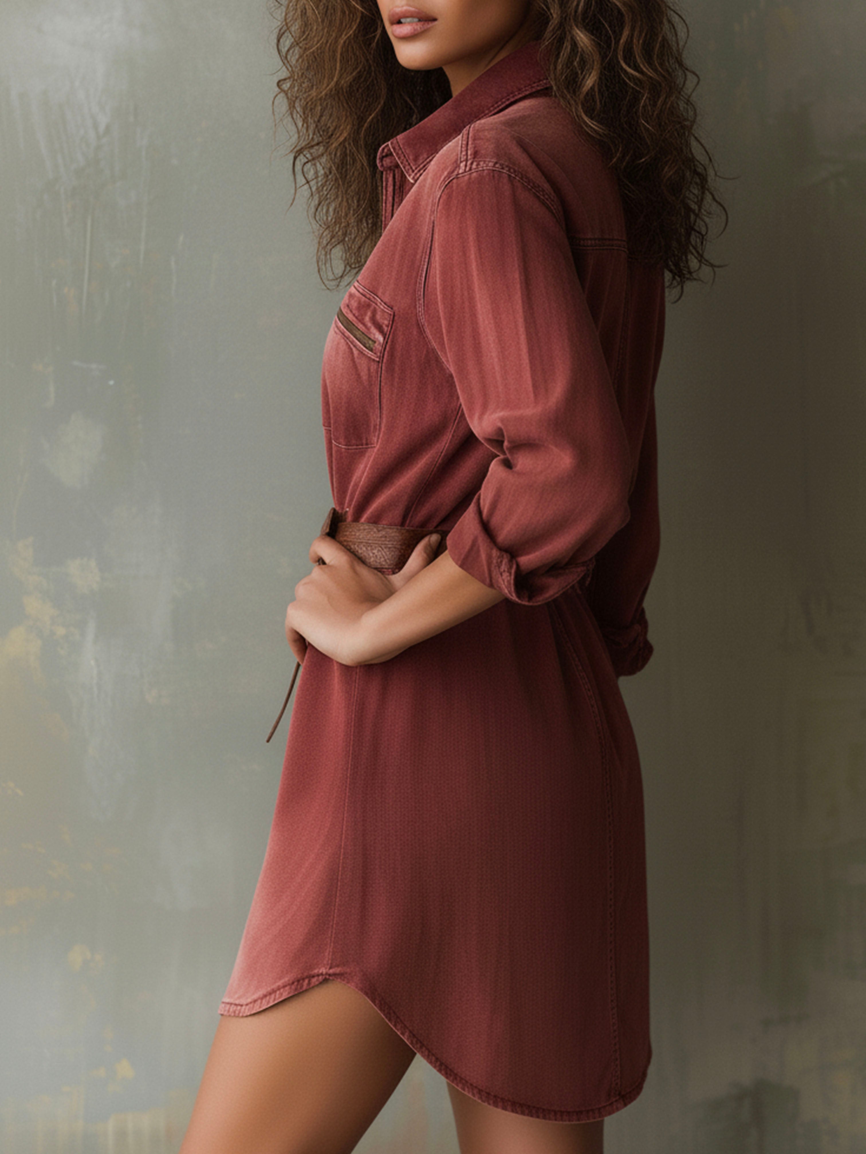 Vintage Burgundy Washed Denim Shirt Dress