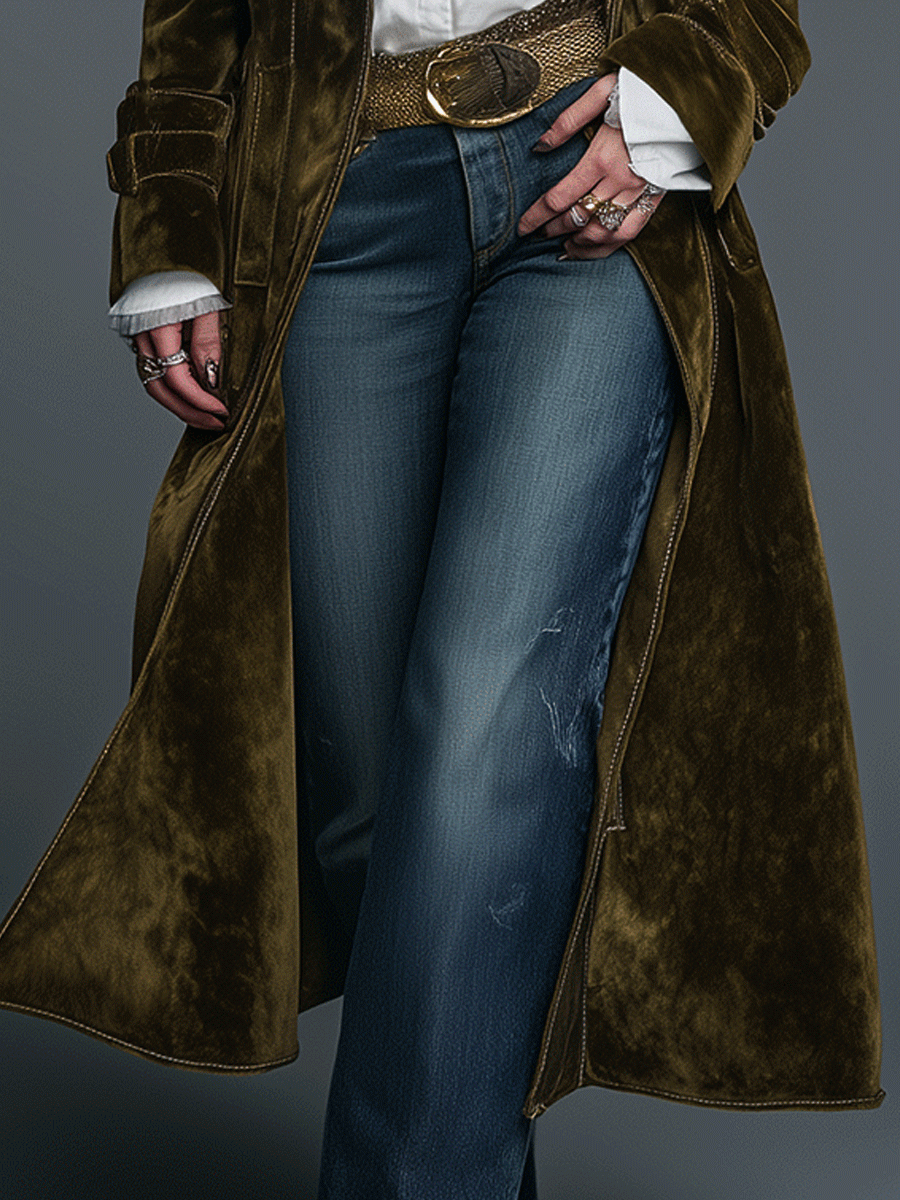 Boho Luxe Olive Velvet Leopard Lapel Long Coat