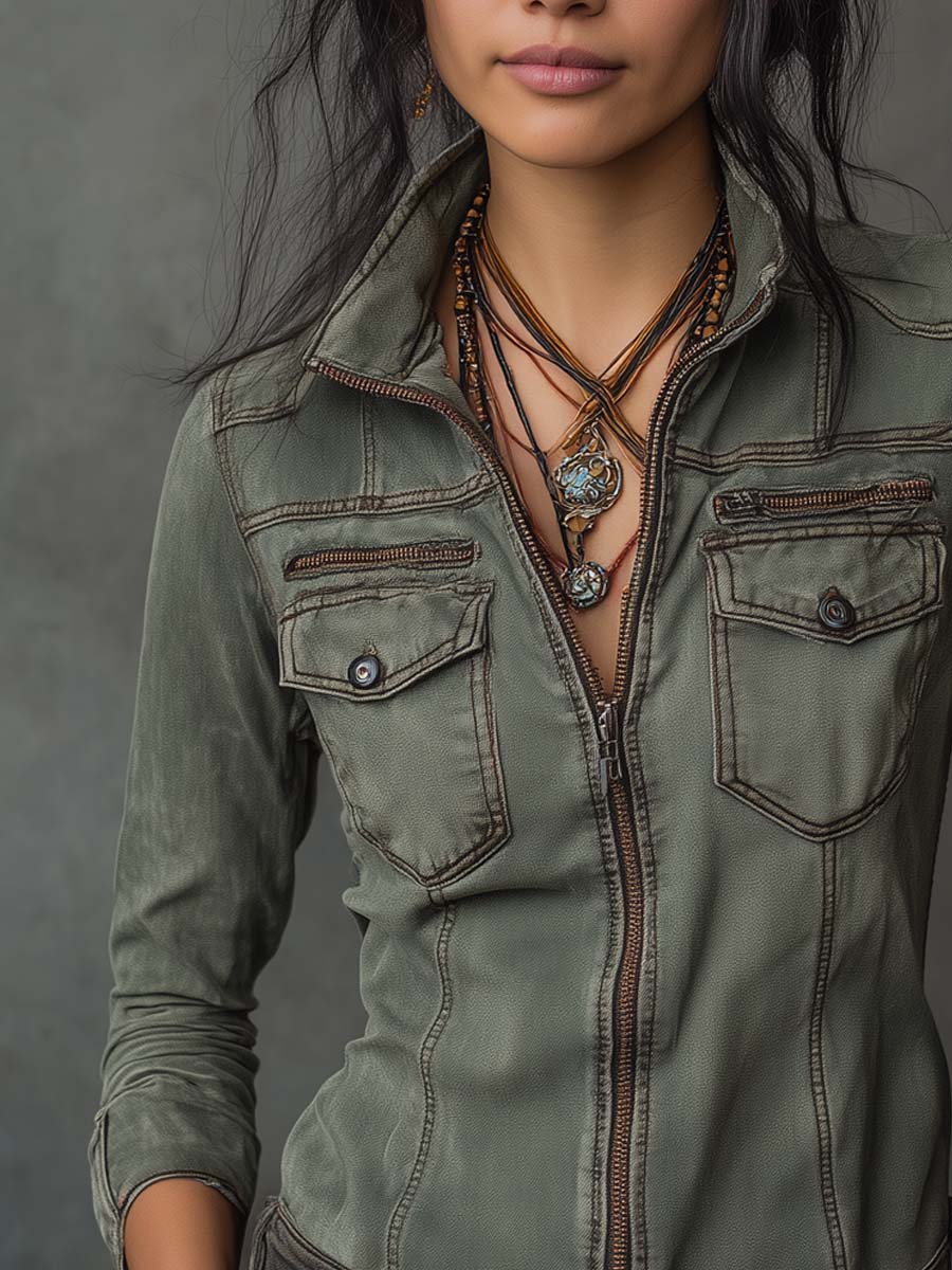 Retro Washed Contrast Zipper Denim Blouse