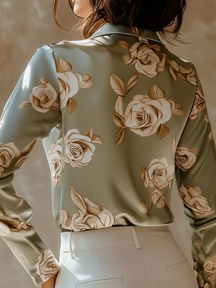 (sale)Elegant Lapel Rose Pattern Side Button Down Satin Shirt