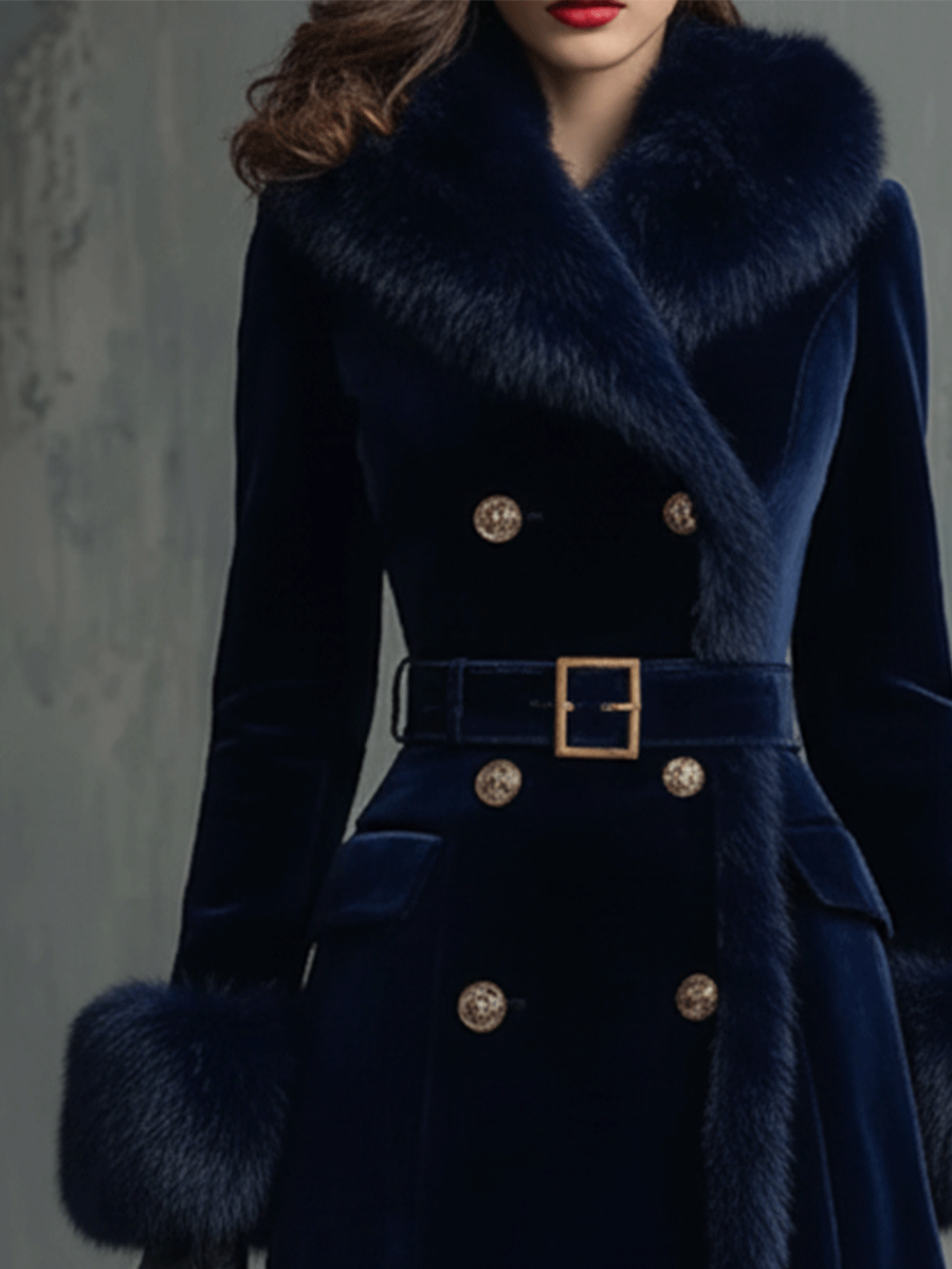 Elegance Navy Velvet Trimmed Faux Fur And Gold Accents Coat