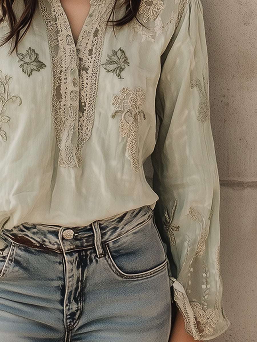 Vintage Green Cotton and Linen Embroidered Henley Collar Shirt