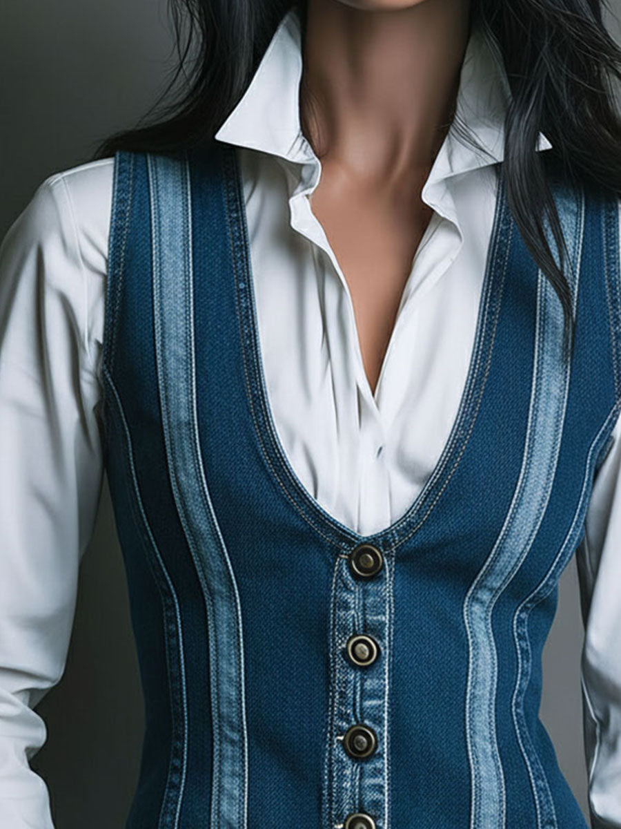 Vintage Button-Front Denim Corset Waistcoat